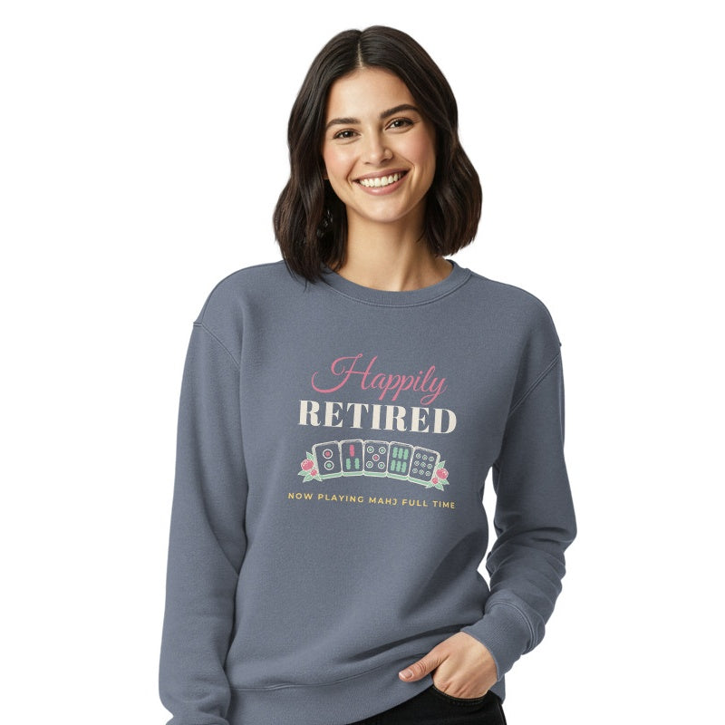 Happily Retired crewneck, Blue Jean, on model