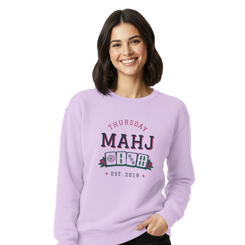 Thursday Mahj crewneck, Orchid, on model
