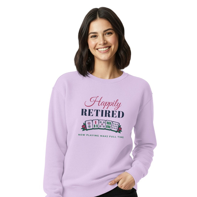 Happily Retired crewneck, Orchid, on model