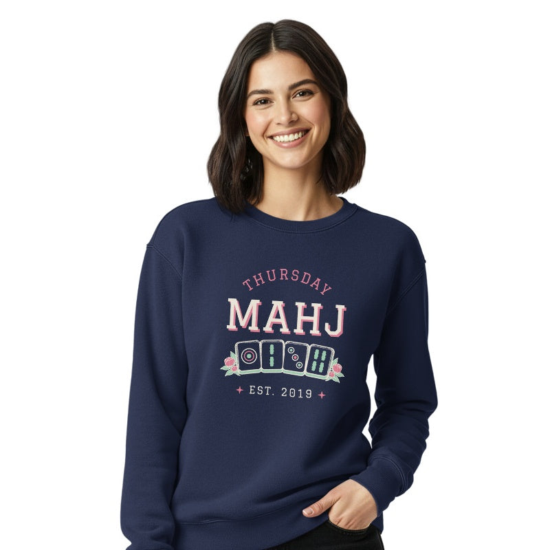 Thursday Mahj crewneck, True Navy, on model