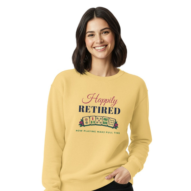 Happily Retired crewneck, Butter, on model