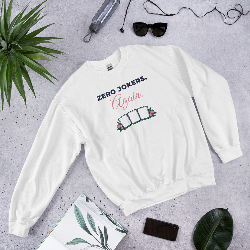 Zero Jokers. Again. Crewneck in White, flat lay styled
