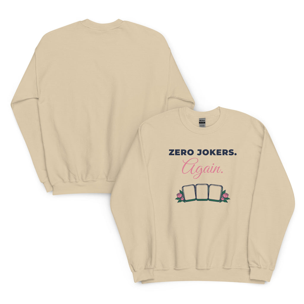 Front and back of the Zero Jokers. Again. Crewneck in Sand