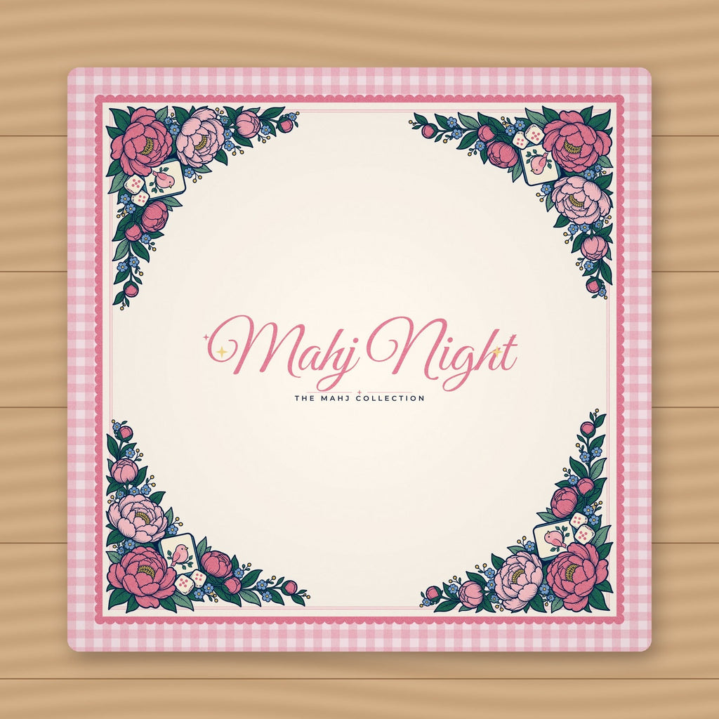 Peony Garden mahjong mat styled on a game table with tiles