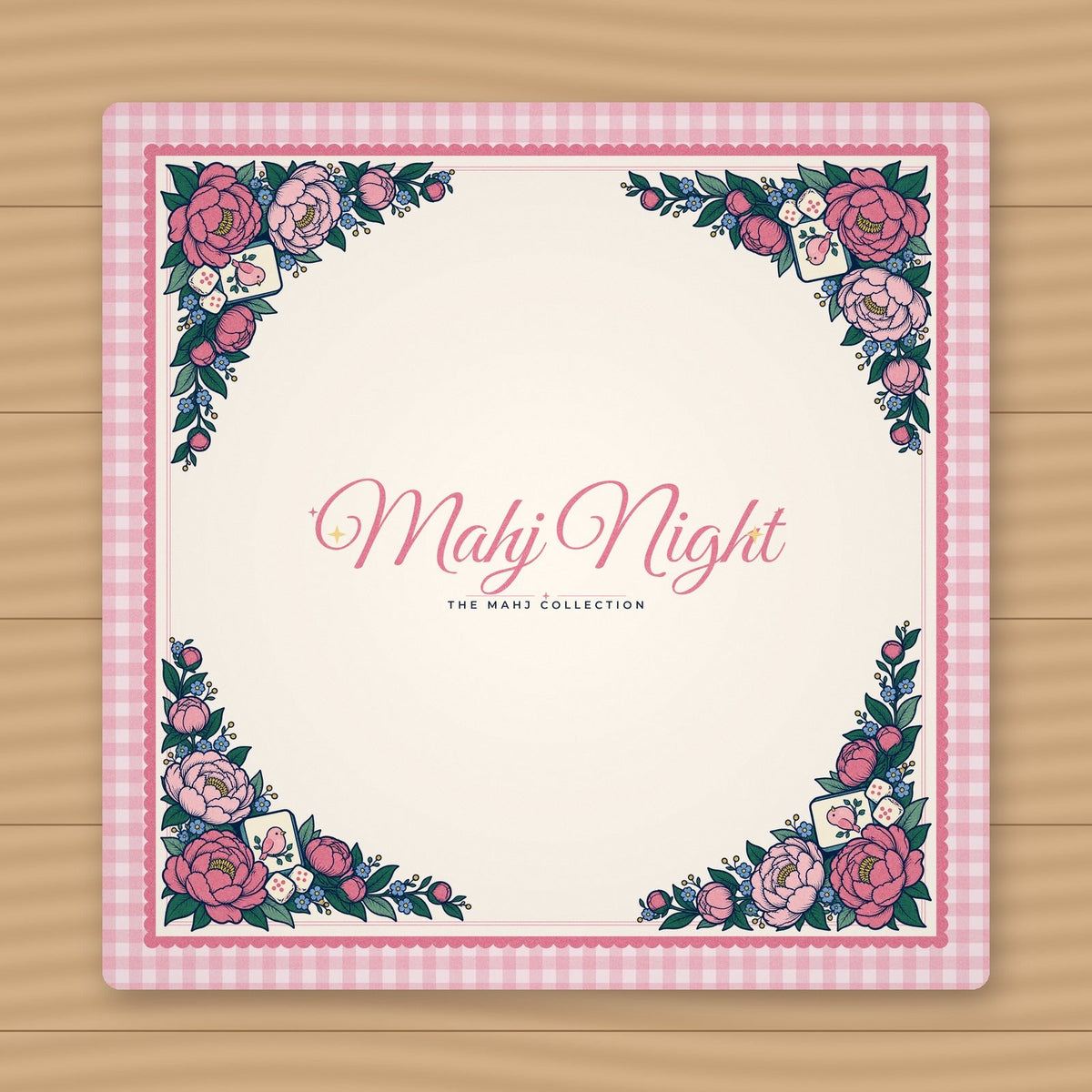 Peony Garden mahjong mat styled on a game table with tiles