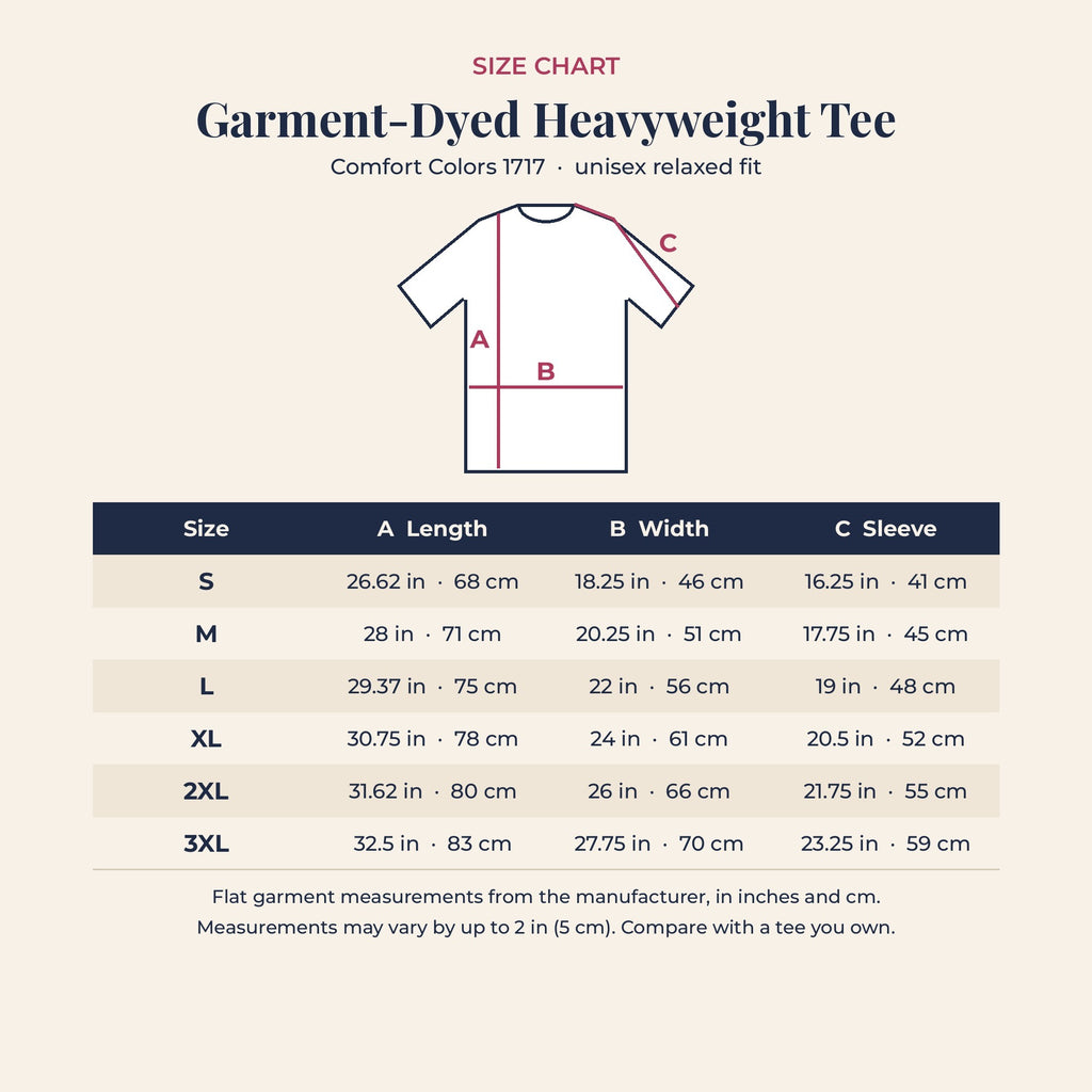 Size chart for the Mahj Club Tee
