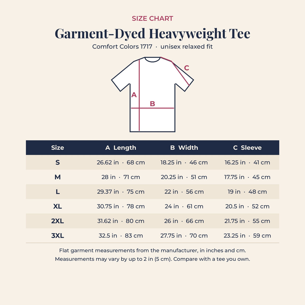 Size chart for the Mahj Club Tee