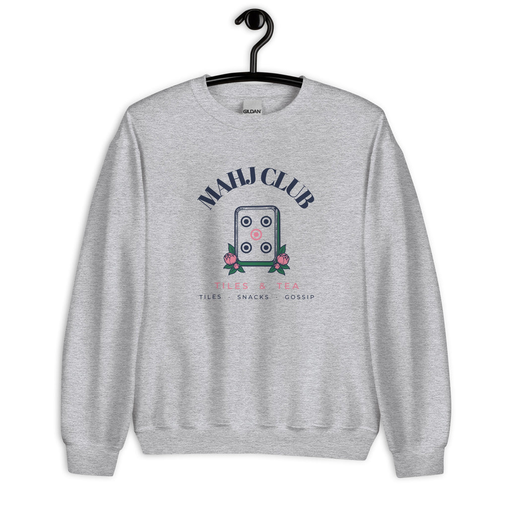 Mahj Club Crewneck in Sport Grey on a hanger