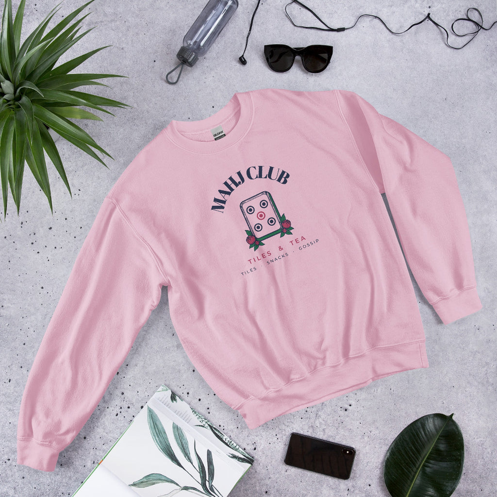 Mahj Club Crewneck in Light Pink, flat lay styled