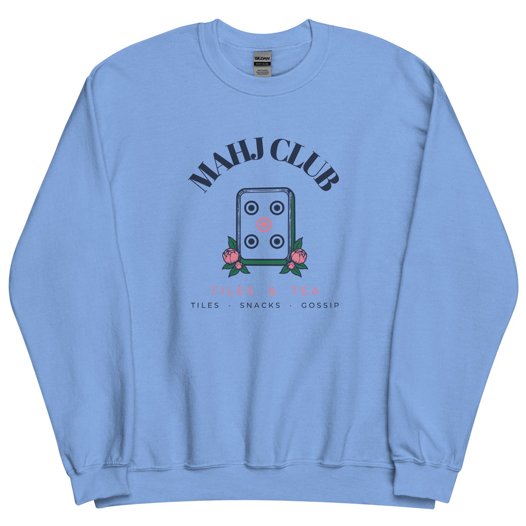 Mahj Club Crewneck in Carolina Blue, flat lay