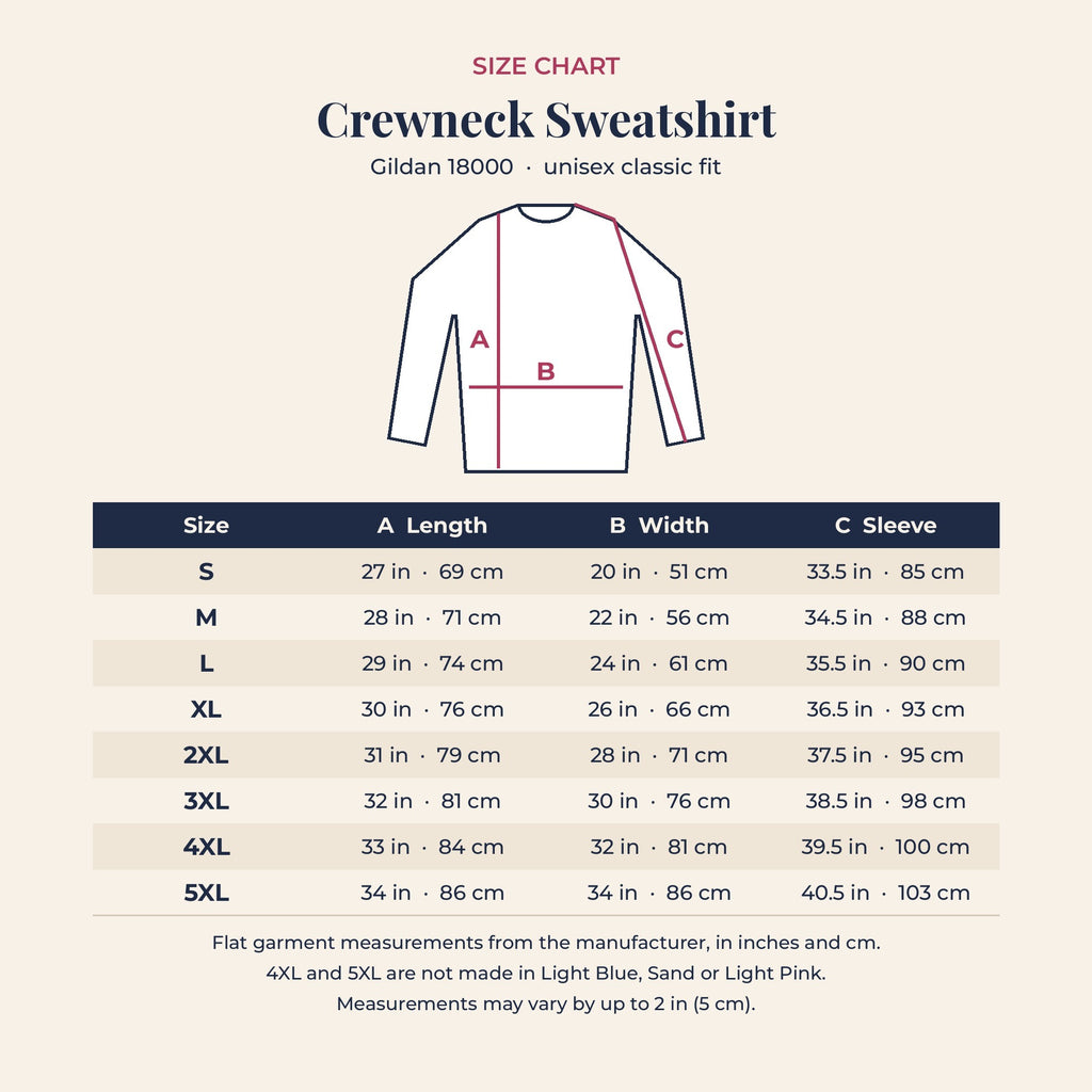 Size chart for the Mahj Club Crewneck
