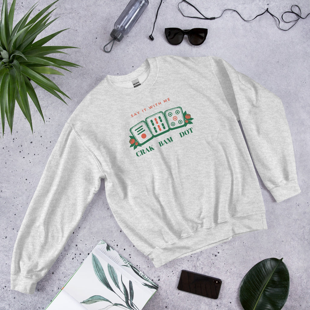 Crak Bam Dot Sweatshirt in Ash, flat lay styled