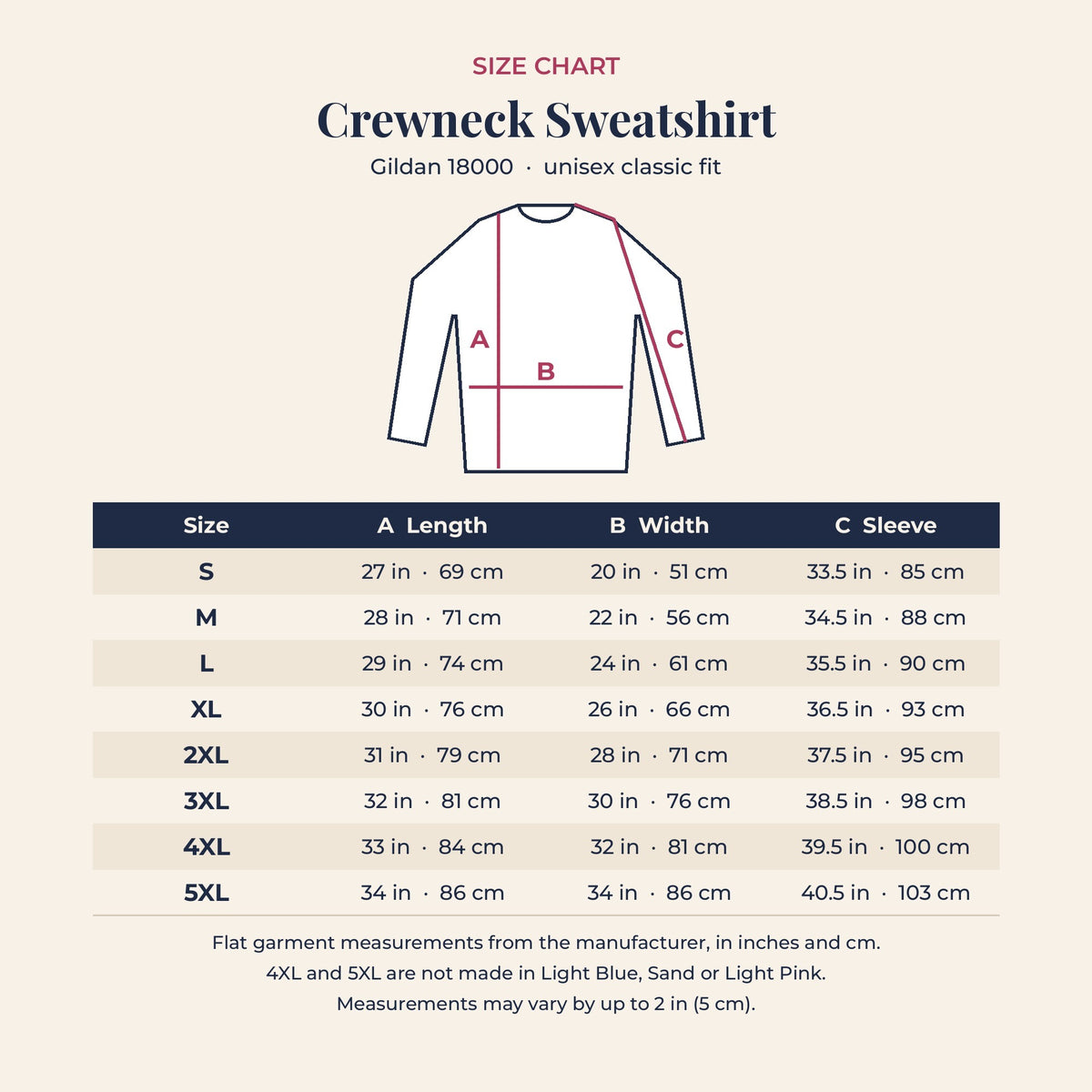 Size chart for the Crak Bam Dot Sweatshirt