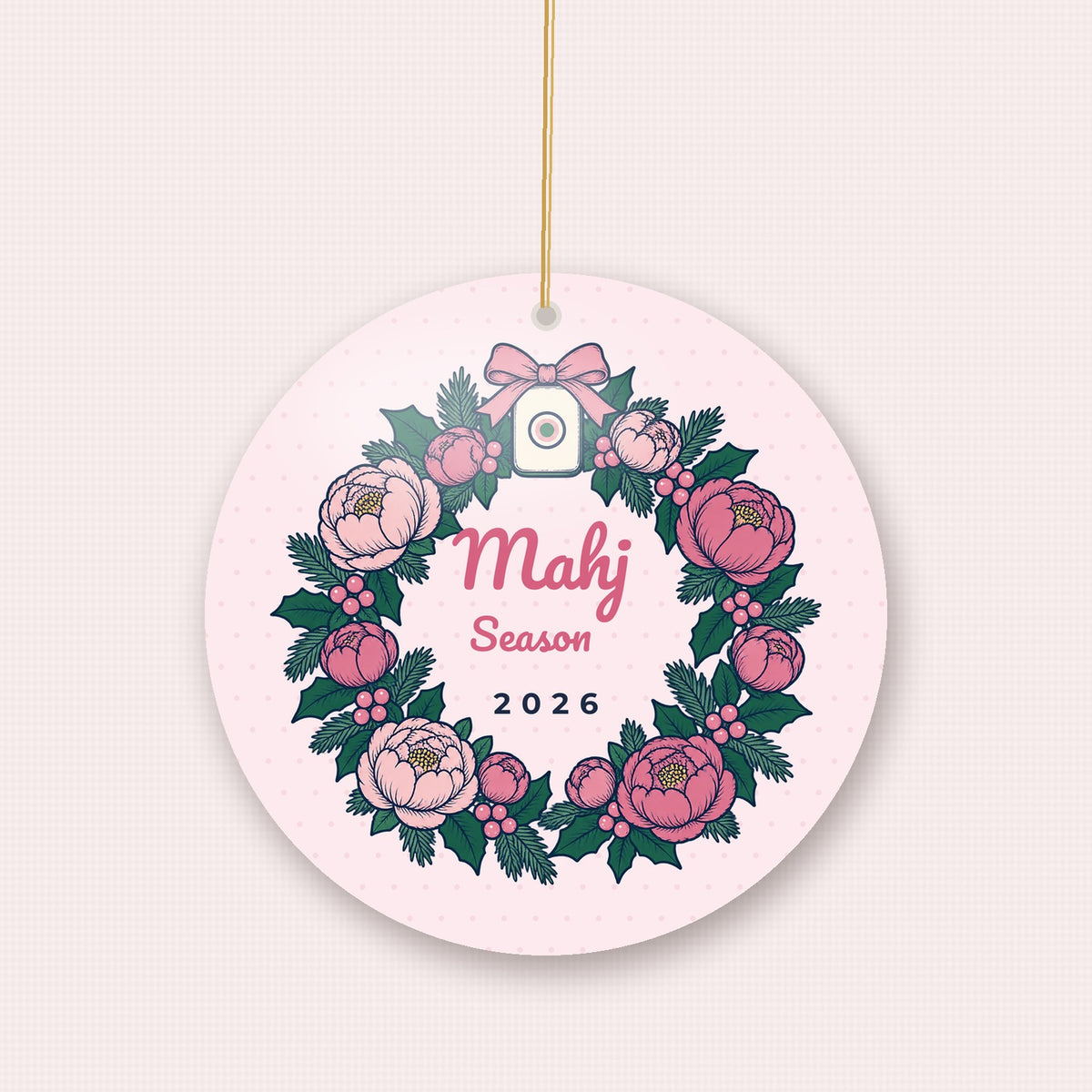 Mahj Season 2026 Holiday Wreath ceramic ornament, styled