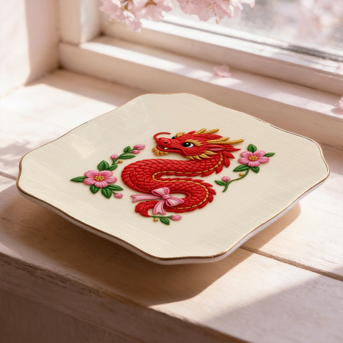 Needlepoint red dragon scalloped ceramic tray on a sunny windowsill