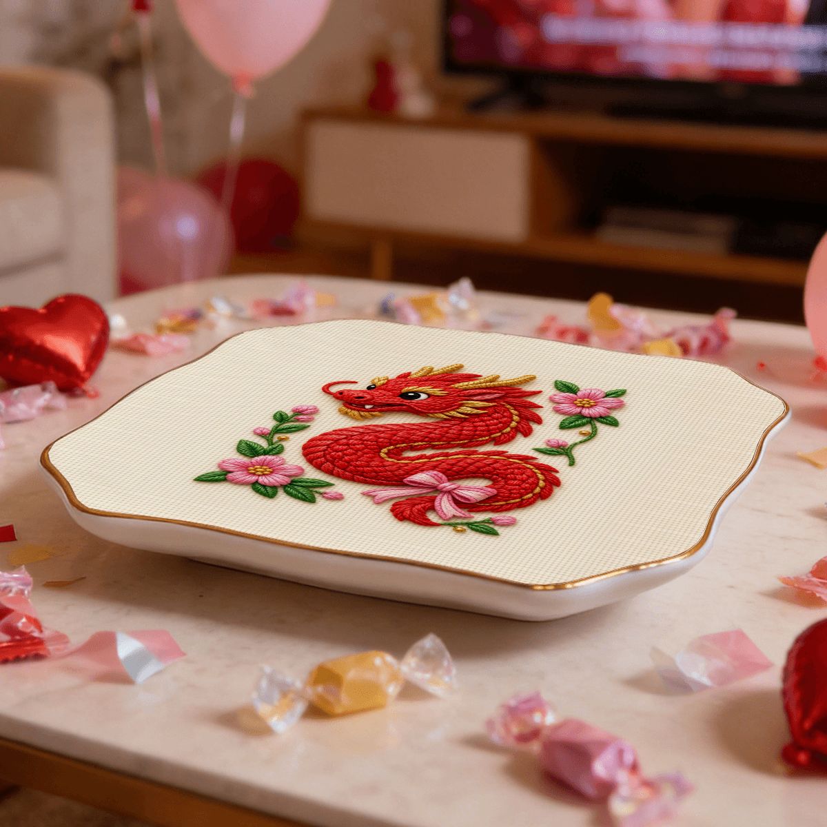 Needlepoint red dragon scalloped ceramic tray on a table with pink hearts and candy