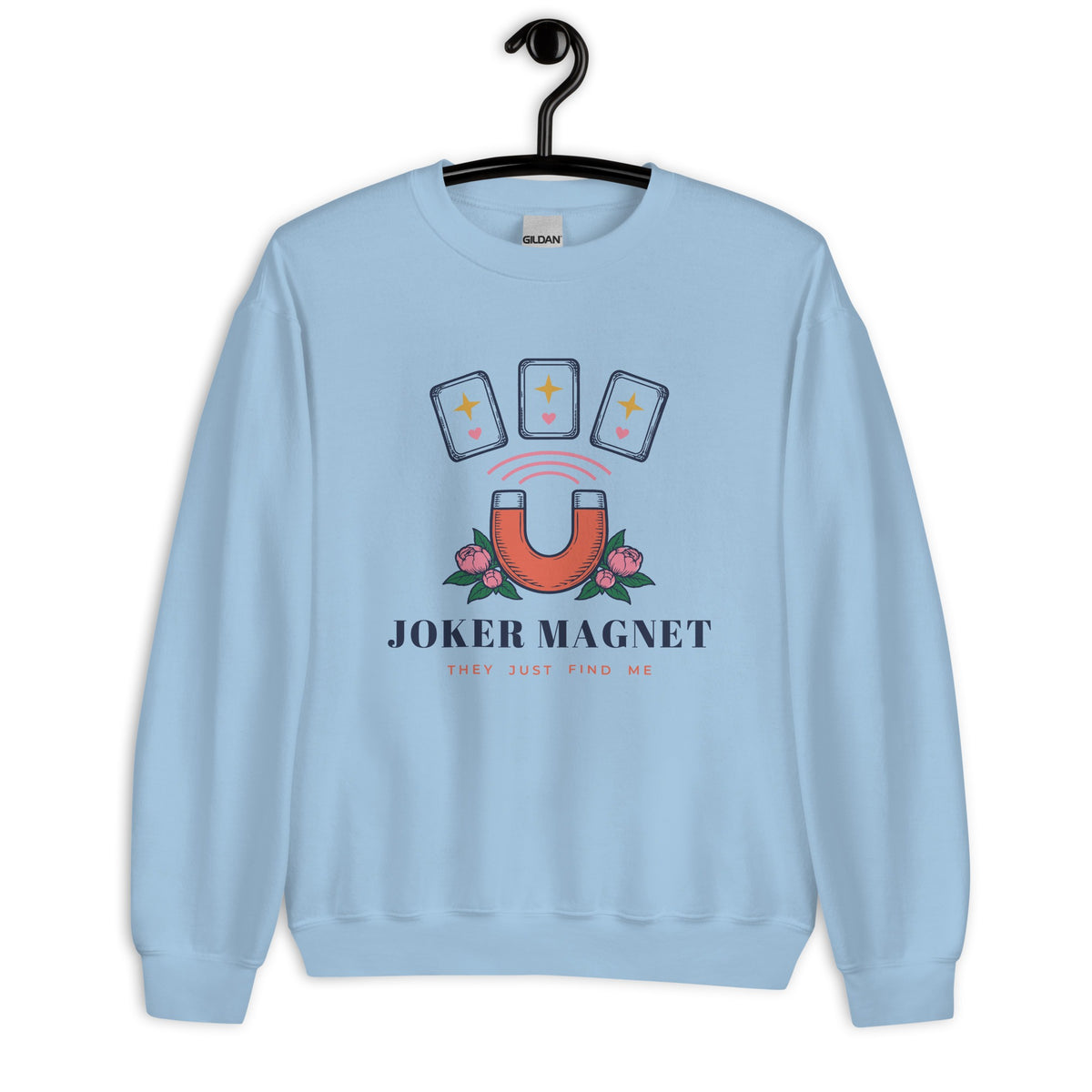 Joker Magnet Crewneck in Light Blue on a hanger