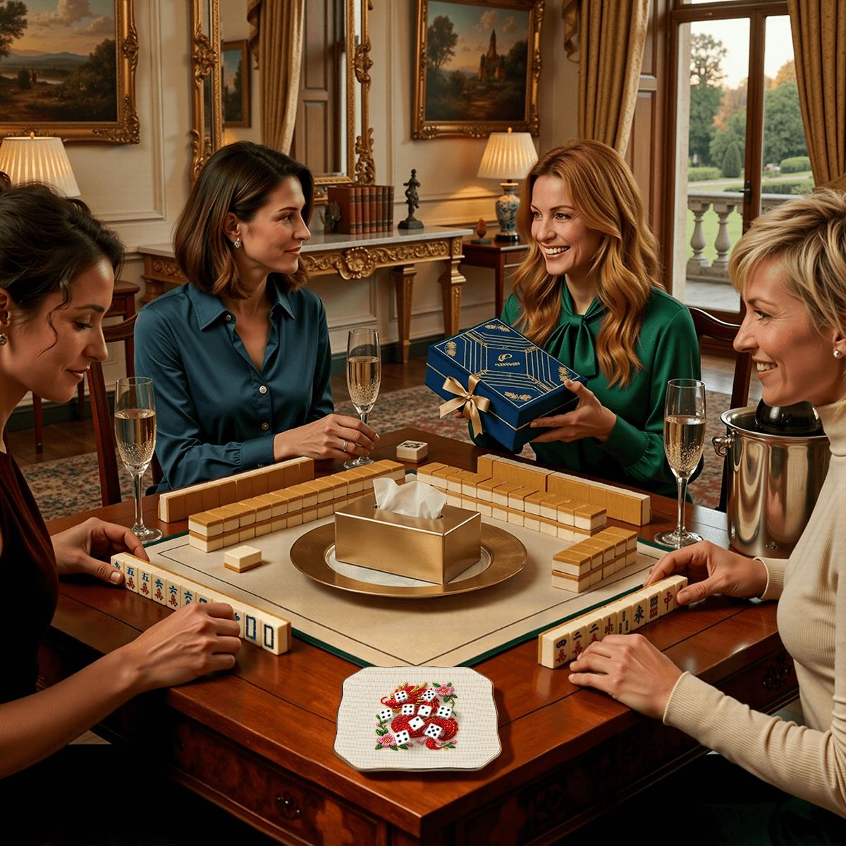 Women playing American mahjong with the red dragon dice tray on the table