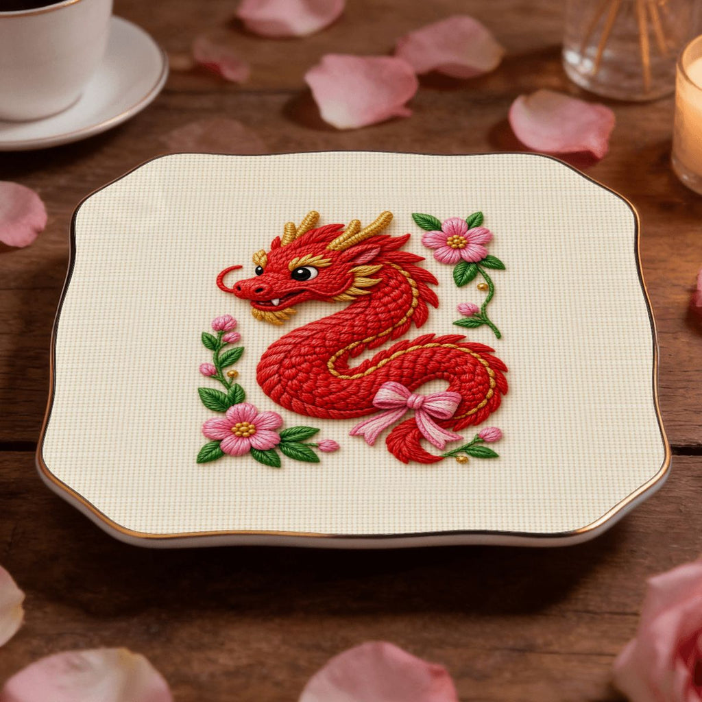 Needlepoint red dragon scalloped ceramic tray with gold rim on a wood table