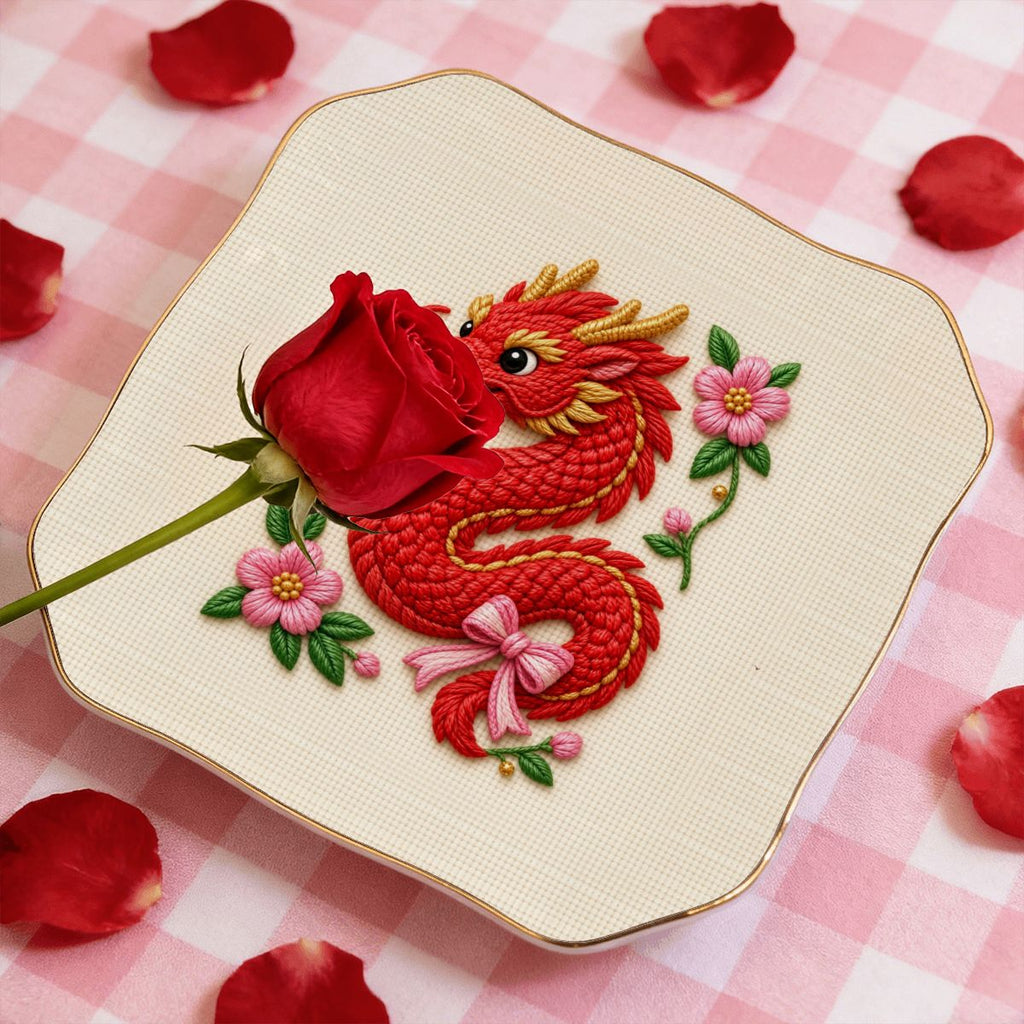 Needlepoint red dragon scalloped ceramic tray with a red rose on pink gingham