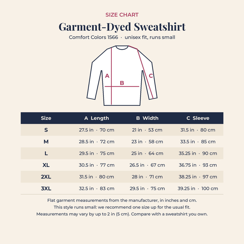 Comfort Colors 1566 crewneck size chart