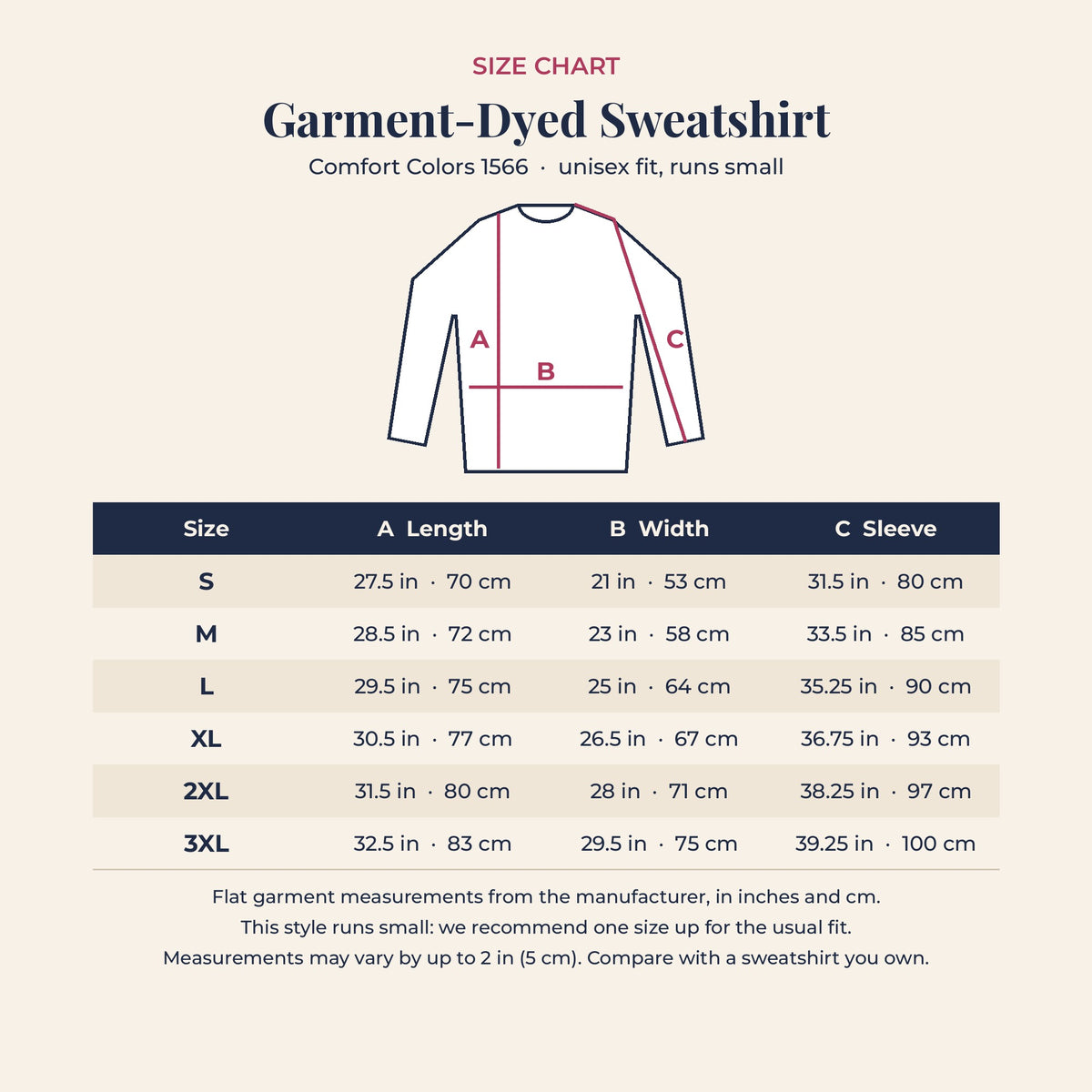 Comfort Colors 1566 crewneck size chart