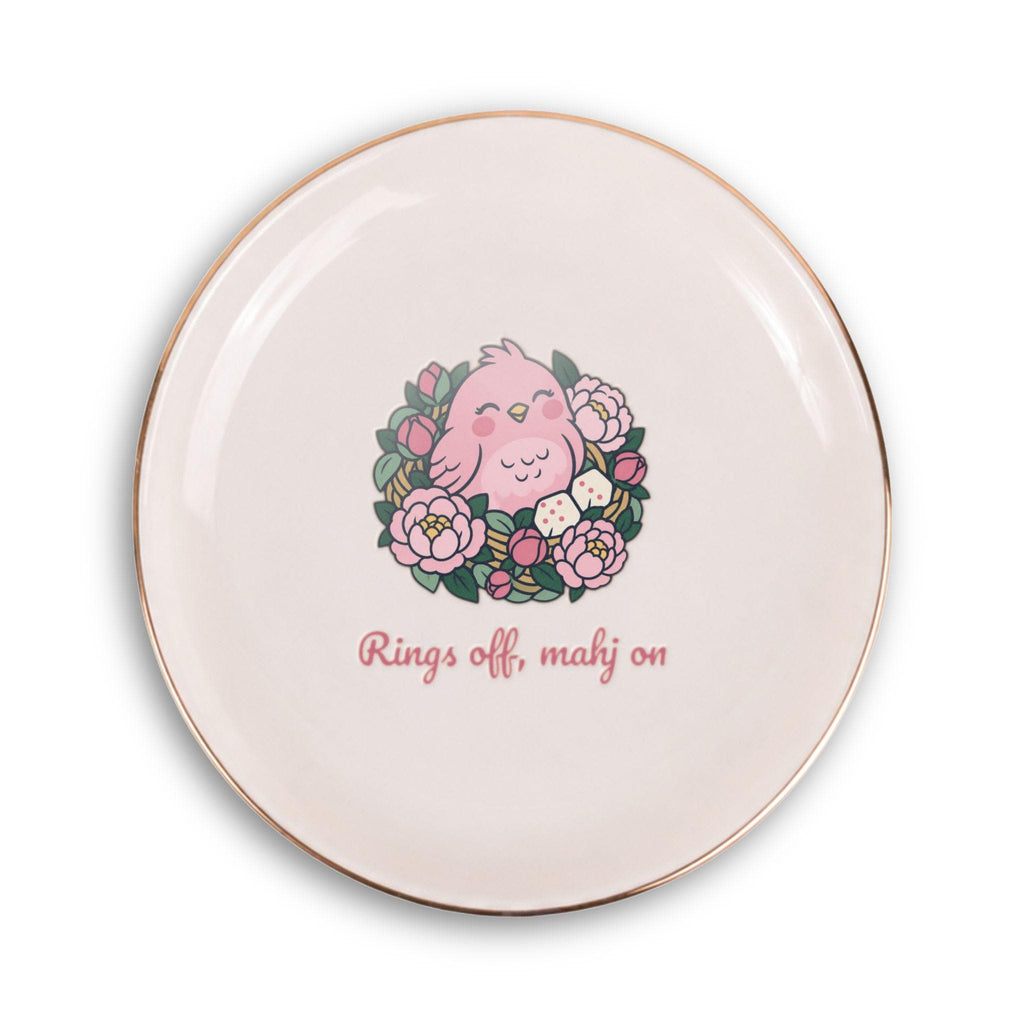 Rings Off, Mahj On ceramic mahjong ring dish with songbird and peonies