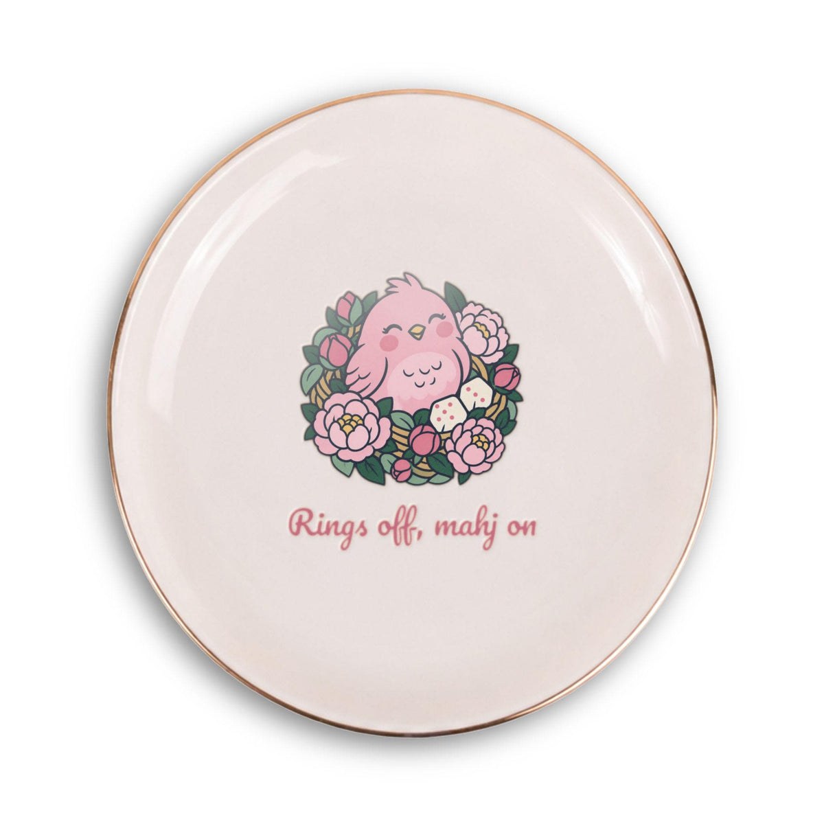 Rings Off, Mahj On ceramic mahjong ring dish with songbird and peonies