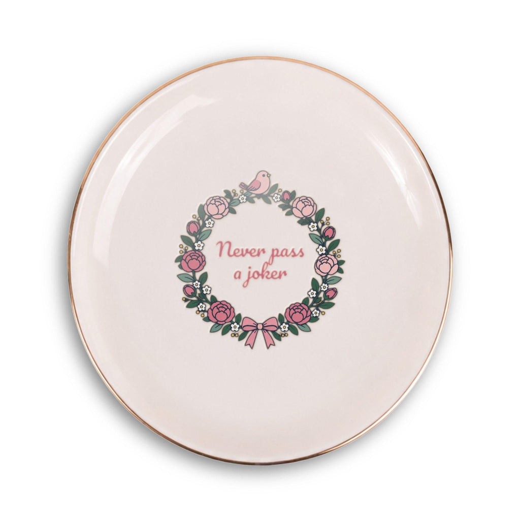 Never Pass a Joker ceramic mahjong ring dish with peony wreath