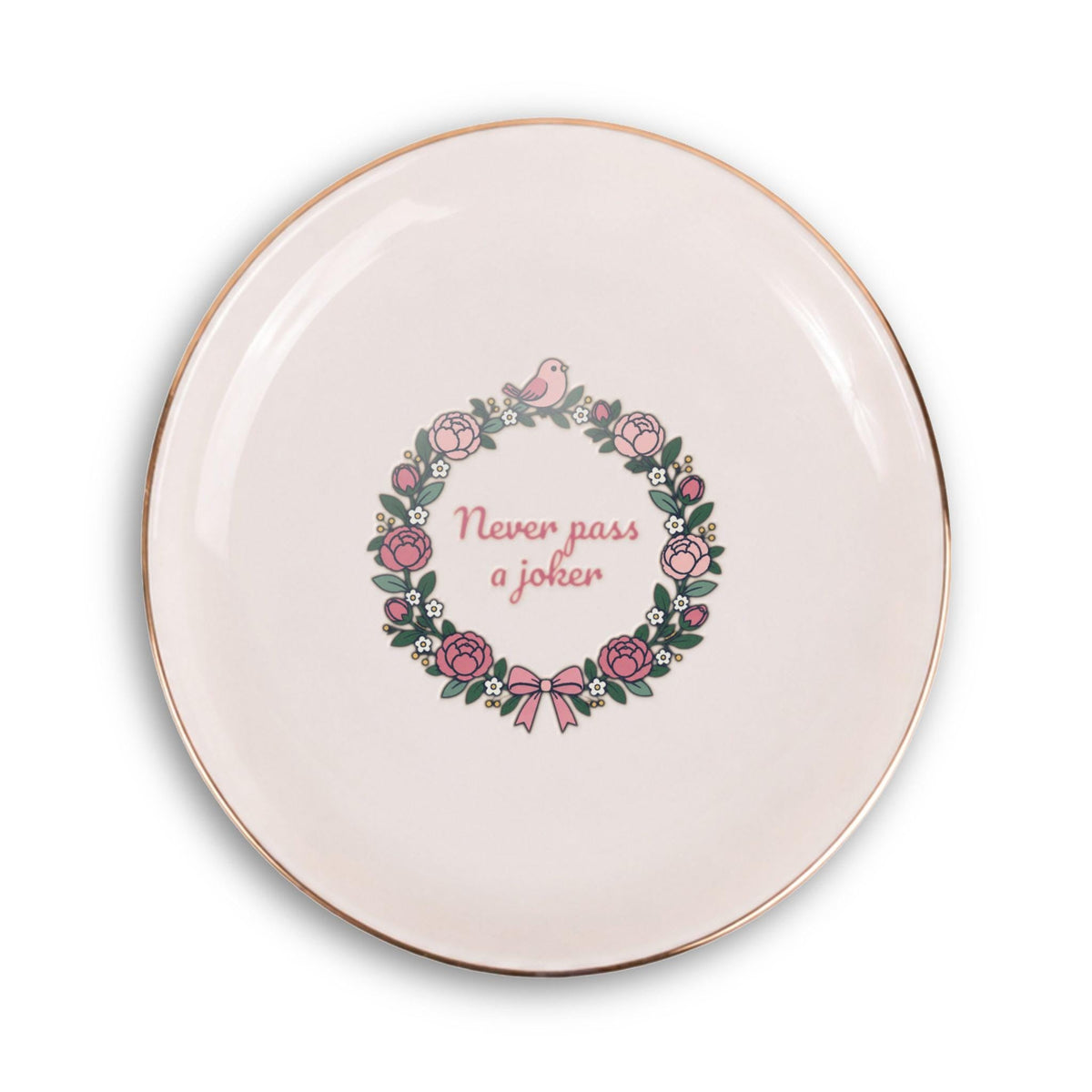 Never Pass a Joker ceramic mahjong ring dish with peony wreath