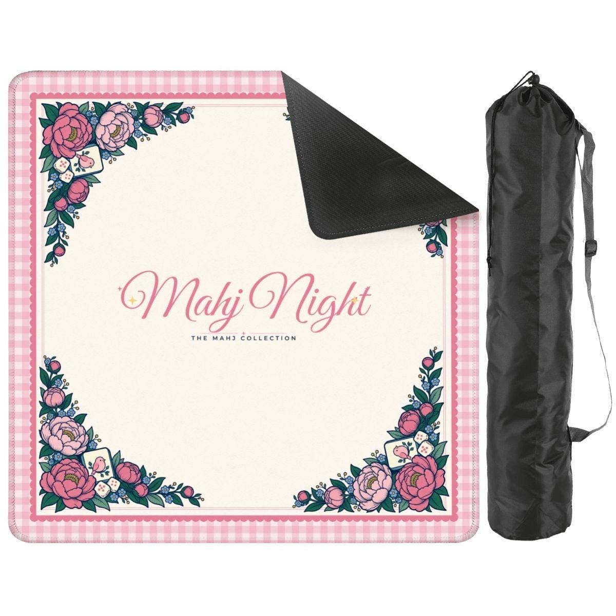 Peony Garden 33x33 mahjong mat with pink gingham border and peony corners