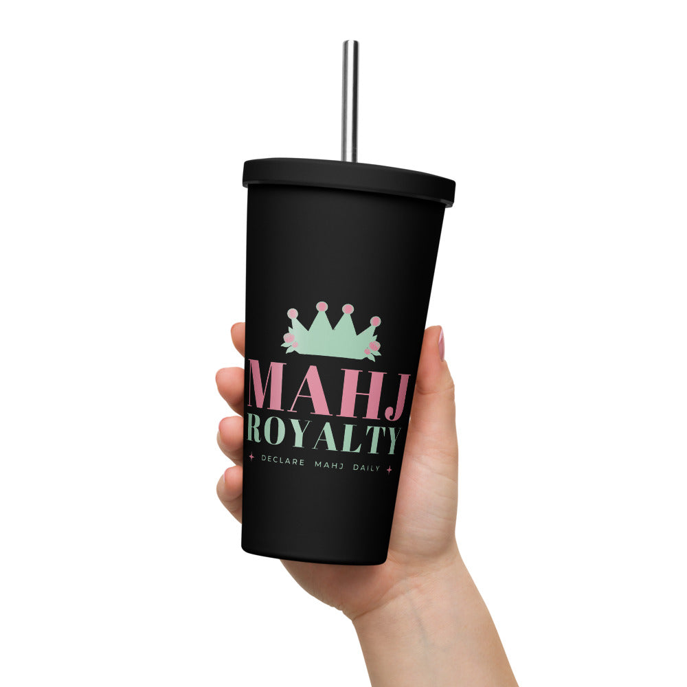 Mahj Royalty Tumbler with Straw, Black, held