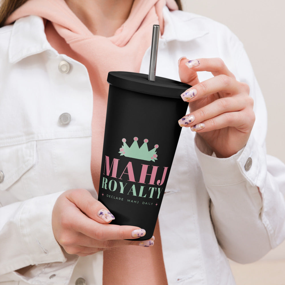 Mahj Royalty Tumbler with Straw, Black, in hand