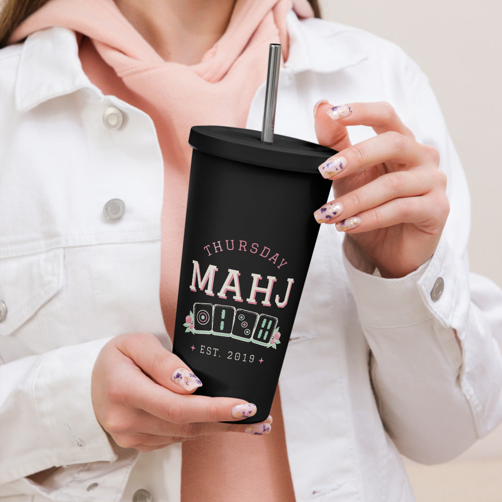 Thursday Mahj Tumbler with Straw, Black, in hand
