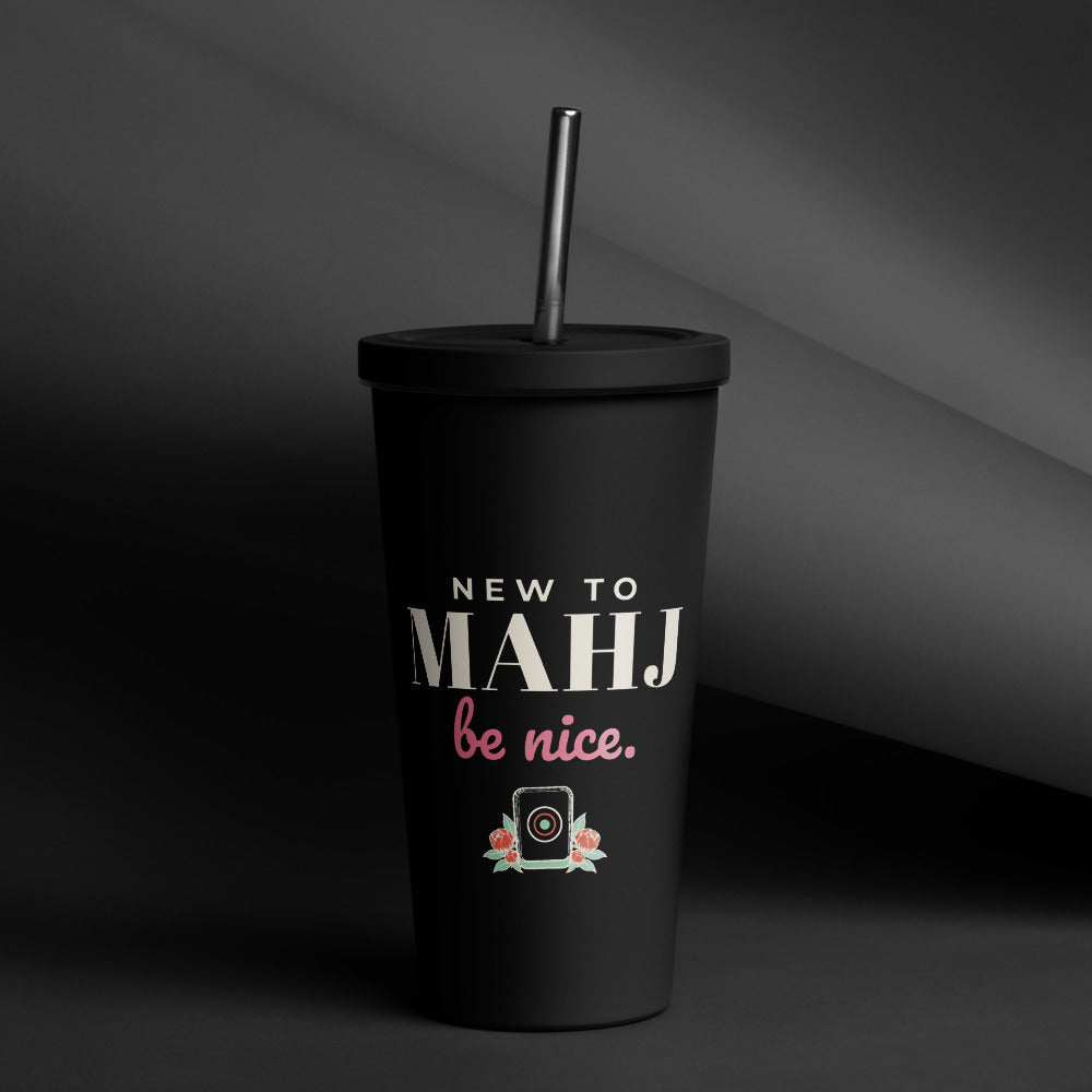 New to Mahj. Be Nice. Tumbler with Straw, Black