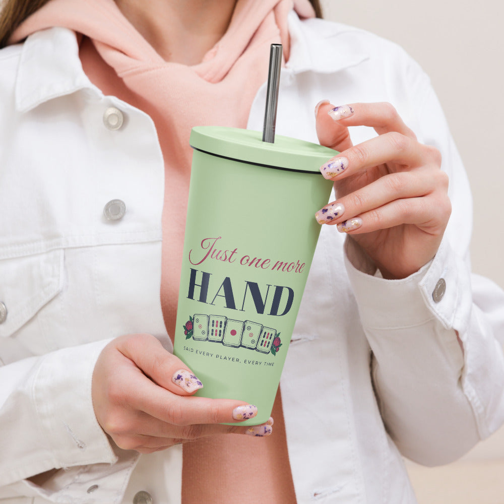 Just One More Hand Tumbler with Straw, Mint, in hand