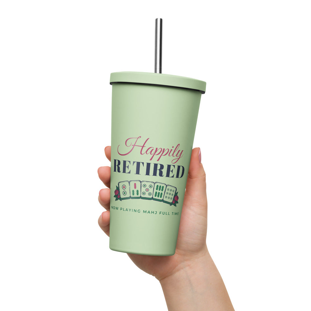Happily Retired Tumbler with Straw, Mint, held