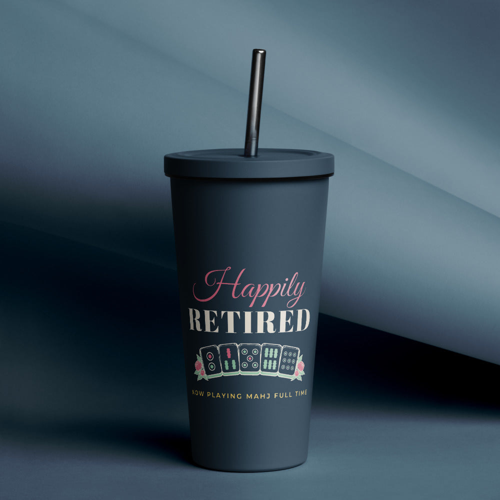 Happily Retired Tumbler with Straw, Navy