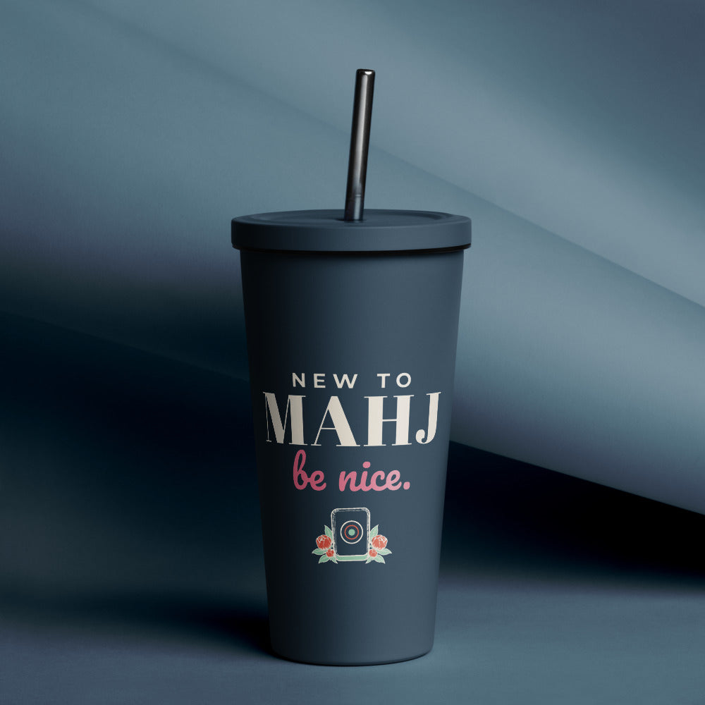 New to Mahj. Be Nice. Tumbler with Straw, Navy
