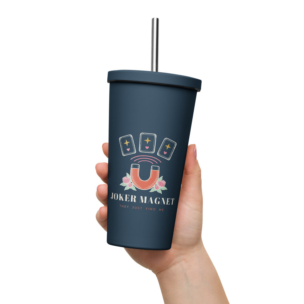 Joker Magnet Tumbler with Straw, Navy, held