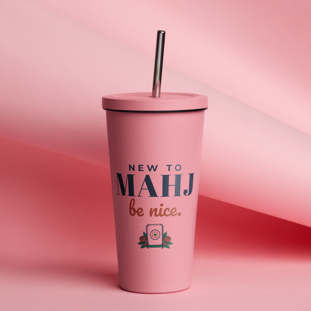 New to Mahj. Be Nice. Tumbler with Straw, Pink