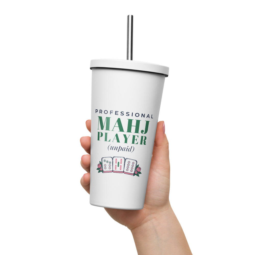 Professional Mahj Player (Unpaid) Tumbler with Straw, White, held