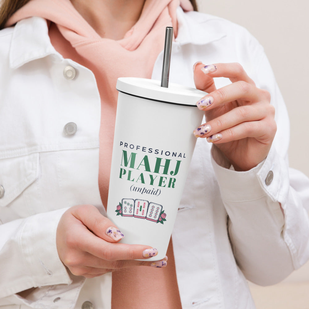 Professional Mahj Player (Unpaid) Tumbler with Straw, White, in hand