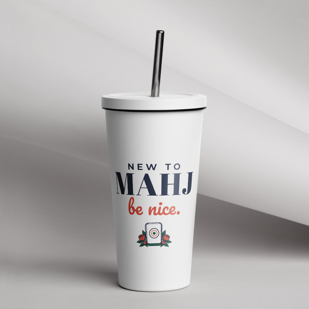 New to Mahj. Be Nice. Tumbler with Straw, White