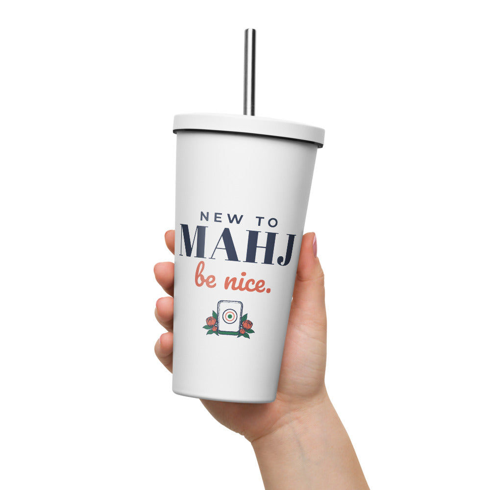 New to Mahj. Be Nice. Tumbler with Straw, White, held