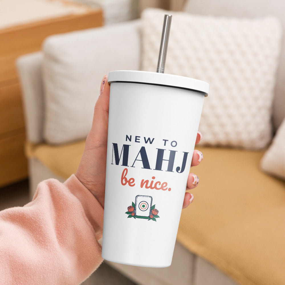 New to Mahj. Be Nice. Tumbler with Straw, White, at home