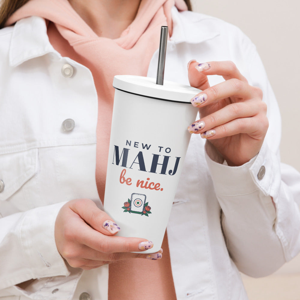 New to Mahj. Be Nice. Tumbler with Straw, White, in hand