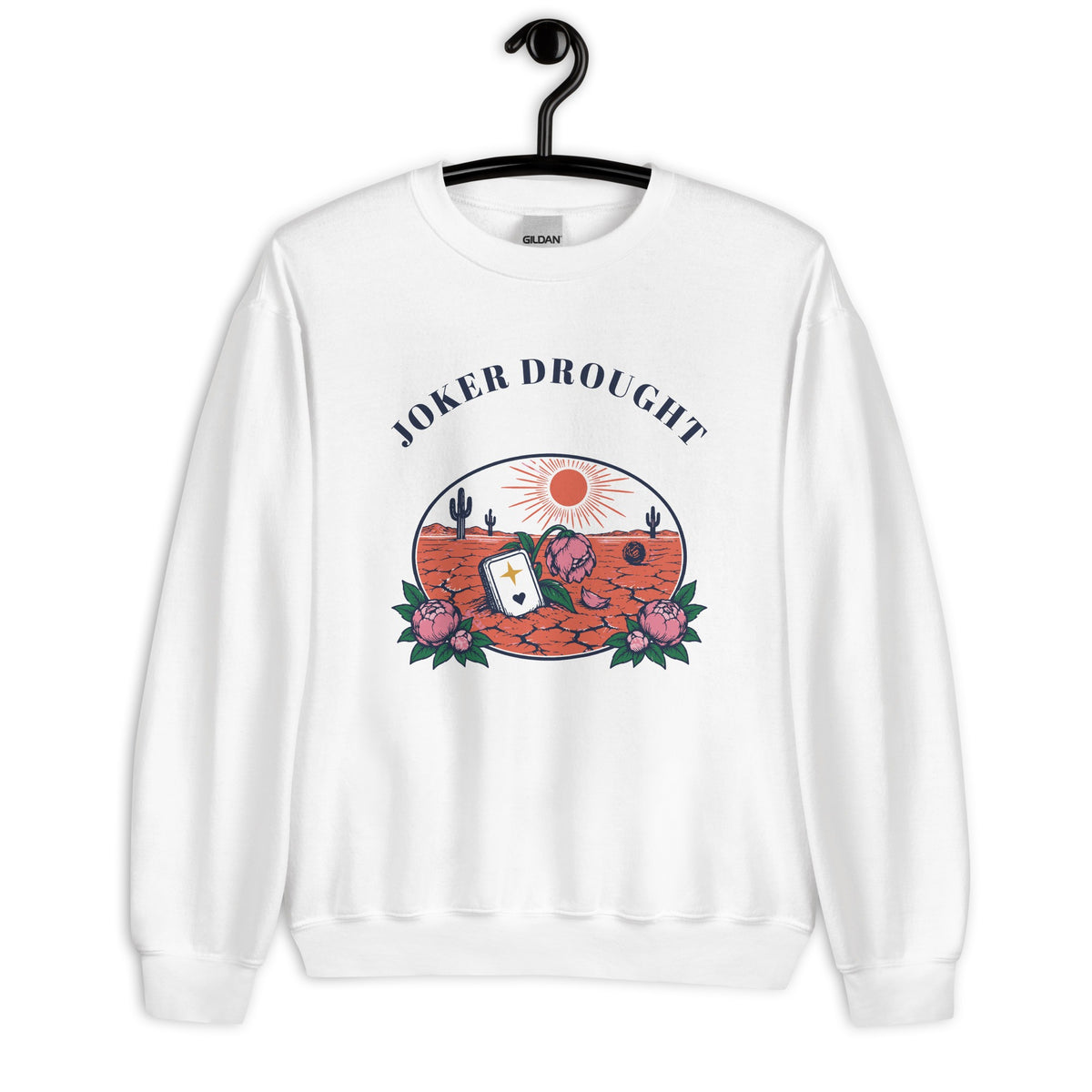 Joker Drought Desert Relic Crewneck in White on a hanger