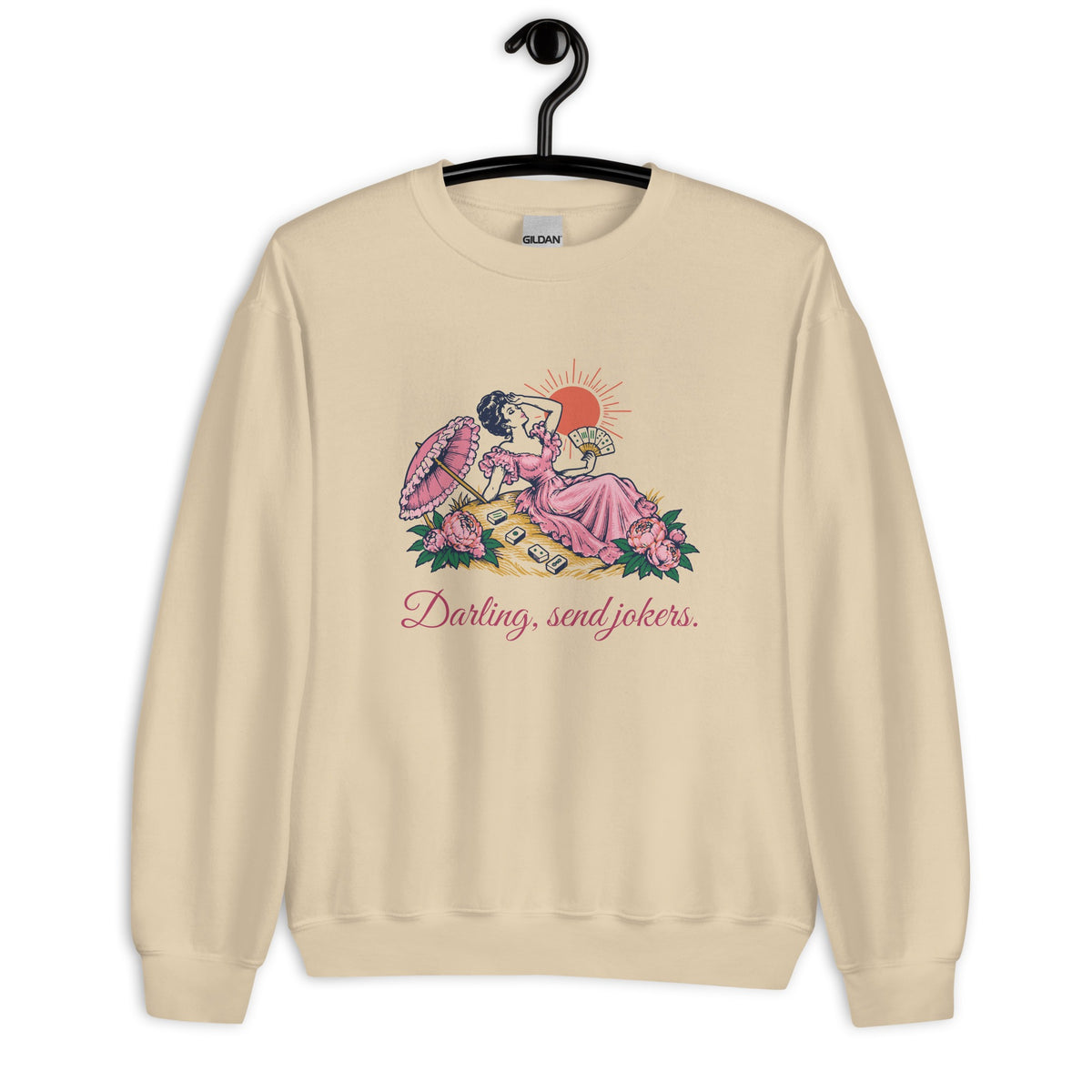 Darling, Send Jokers Crewneck in Sand on a hanger