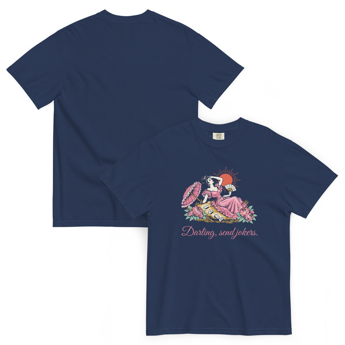 Front and back of the Darling, Send Jokers Tee in True Navy